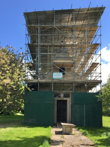 Little Gidding Church: scaffolding and roof cover: March 2020